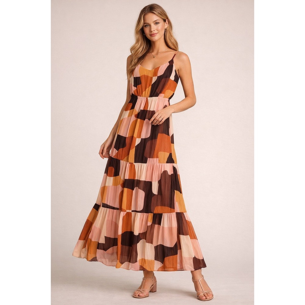 Anne Klein Abstract Geometric Maxi Dress Orange Pink Brown Sleeveless Size 2